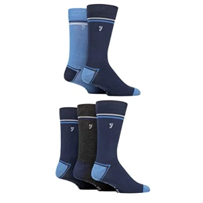 Image of Mens 5 Pair Farah Plain, Striped and Patterned Everyday Bamboo Socks Contrast Heel &amp; Toe Navy / Blue 6 11