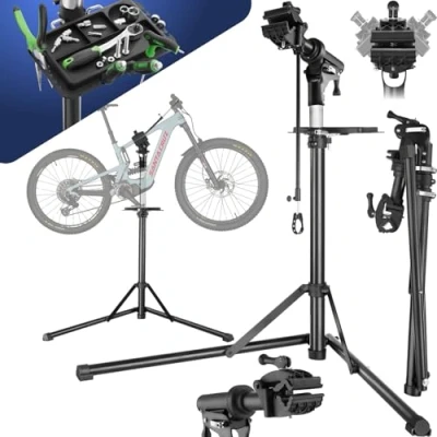 Image of TecTake® Bike Repair Stand, Up To 50kg Suitable for E bikes, Stable Assembly Folding and Height Adjustable, 360 Rotation Including Magnetic Tray 108x81x169 cm