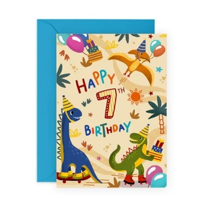 Image of Central 23 Cute 7th Birthday Card For Kids Dinosaur Boys 7 Year Old Happy Seventh Age Seven Gifts Son Grandson Brother Comes With Stickers
