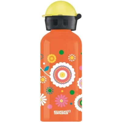 Image of SIGG Aluminium Kids Water Bottle KBT Flowers Leakproof Lightweight BPA Free Climate Neutral Certified Orange 0.4L