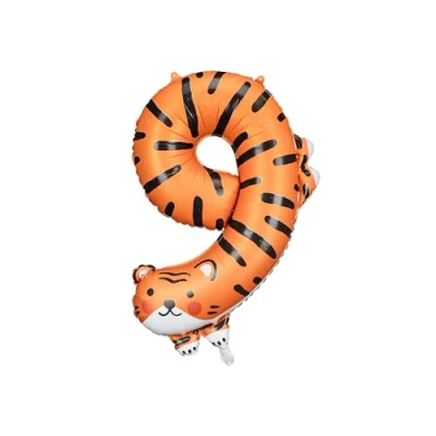 Image of Tiger Animal Foil Balloon Number 9, 9th Birthday Decoration, Party Balloon, Jungle Safari Decorations
