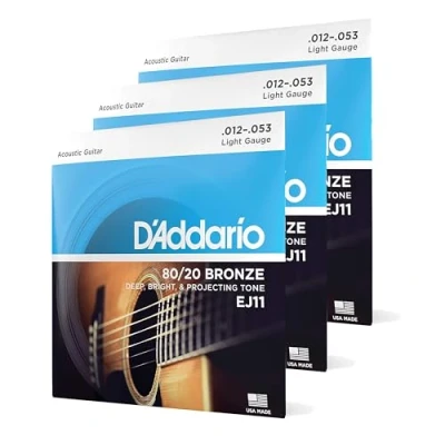 Image of D&#039;Addario Guitar Strings Acoustic 80/20 Bronze For 6 String Deep, Bright, Projecting Tone EJ11 3D Light, 12 53 3 Pack