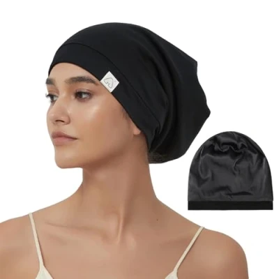 Image of hat Hut Silk Bonnet Satin Hair Wrap for Sleeping, Adjustable Sleep Cap Curly Lined Beanie Cover Women Men (UK, Alpha, L, Black)