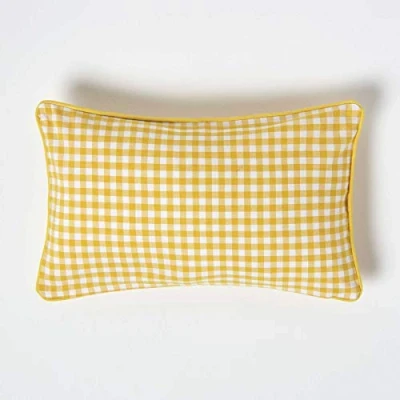 Image of HOMESCAPES 100% Cotton Gingham Check Cushion Cover 30 x 50 cm Rectangular 12 20 Inches Yellow White Sofa Pillow Washable