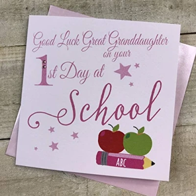 Image of Good Luck Great Granddaughter on your 1st Day at School Apples Hand finished card by WHITE COTTON CARDS SP110 GGD AP