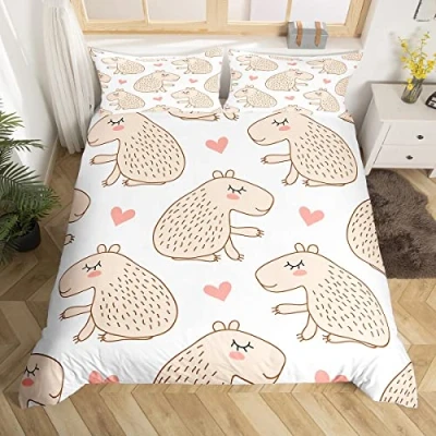 Image of Cartoon Capybara Duvet Cover Set Single Size, South America Fauna Bedding 2pcs for Kids Boys Girls Room Decor, Pink Hearts Print Comforter Soft Polyester Quilt with 1 Pillowcase