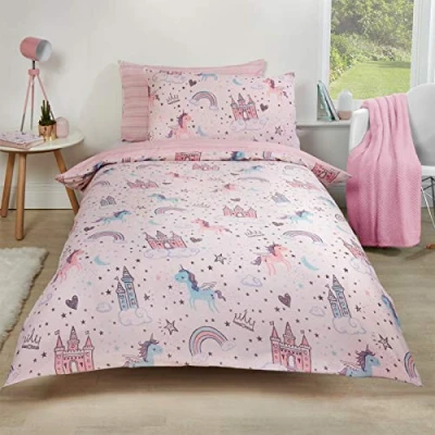 Image of Dreamscene Unicorn Kingdom Duvet Cover with Pillow Case Reversible Star Stripe Bedding Set, Magical Fairy Castle Pink Double