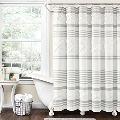 Image of Lush Decor Urban Diamond Stripe Woven Tufted Eco Friendly Recycled Cotton Shower Curtain, 72&quot; x 72&quot;, Gray