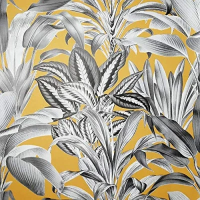 Image of Greenhouse Plants Wallpaper Tropical Jungle Grey Ochre Yellow