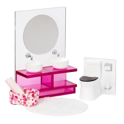 Image of LUNDBY Dolls House Furniture Bathroom set Mirror Vanity Unit with 2 Sinks + Toilet Doll Accessories 5 piece for 11cm Mini Age 4+ 1:18