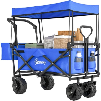 Image of Outsunny Folding Trolley Cart Storage Wagon Beach Trailer 4 Wheels with Handle Overhead Canopy Push Pull For Shopping Camping, Blue
