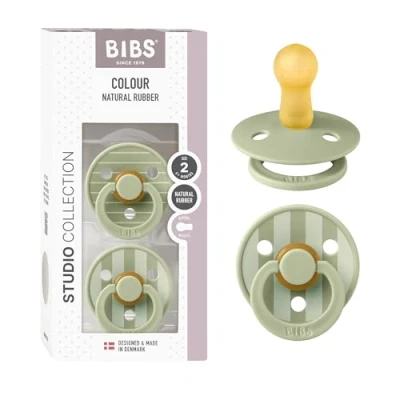 Image of BIBS Colour Studio Soother 2 Pack, BPA Free Dummy Pacifier, Round Nipple. Natural Rubber Latex, Made in Denmark, Size (6 18 Months), Pin Sage