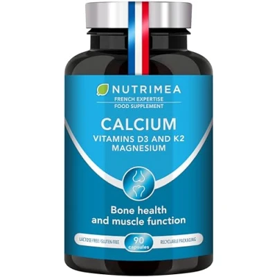 Image of Calcium Magnesium Vitamin D3 &amp; K2 90 Vegetarian Capsules Bone Health Complex Strengthens Bones and Muscles Supports Density French Expertise