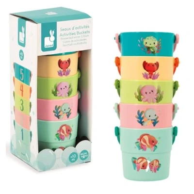 Image of Janod 5 Bath Activity Buckets Babies’ Toys Early Learning Game Baby Sea Animal Themed 10 Months +, J04722,Multicolor,Small