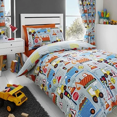 Image of Happy Linen Company Kids Boys Big Digger Trucks Grey Double Reversible Duvet Cover Bedding Set
