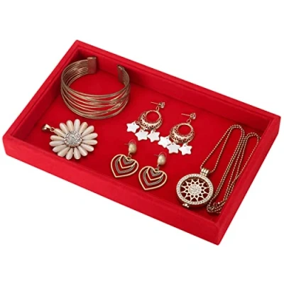 Image of Valyria Velvet Empty Ring Earrings Tray Box Showcase Display Jewelry Organizer (Red)