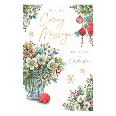 Image of Thinking Of You Christmas Card &#039;Sending a Caring Message&#039; Festive Floral Bouquet and Snowflakes Artistic Design Special Finish Made in the UK Eco Friendly
