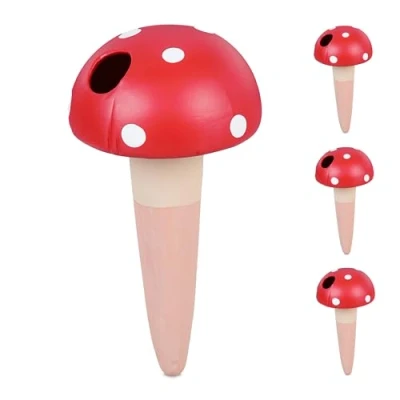 Image of Relaxdays 4x Clay Cone Watering, 100ml, Toadstool Design, Irrigation Aid, Houseplants &amp; Balcony Boxes, Terracotta/Red, Ceramics, 16 x 8.5 cm
