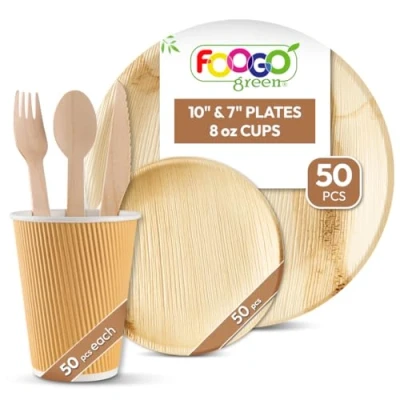 Image of FOOGO Green 300pcs Disposable Palm Leaf Plates, Paper Cups and Wooden Cutlery Set, FSC® Certified, 50x Large Round Small Side Cups, Forks, Knives, Spoons, Eco