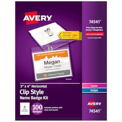 Image of Avery Top Loading Garment Friendly Clip Style Name Badges, 3&quot; x 4&quot;, 100 Pack of 2 (74541)