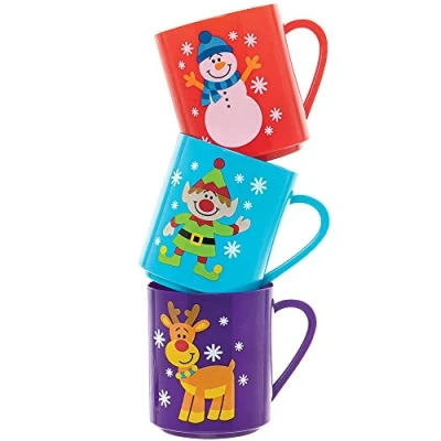 Image of Baker Ross FX398 Christmas Chums Mugs Pack of 4, Kids Plastic Festive Mugs, Xmas Cups, Reusable Cups for Children