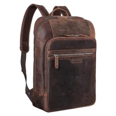 Image of STILORD &#039;Malik&#039; Large Work Backpack Leather Laptop 15.6 inch Business Rucksack Vintage Shoulder Bag College XL in Genuine Leather, Colour:Zamora Brown
