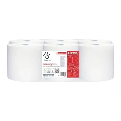 Image of Papernet Defend Tech Centrefeed Towel Roll 419735, 6 Rolls 115m Pure Cellulose Paper, with Antibacterial Formula in Packaging, 2 Plies, 330 Tears per 19,7x35cm