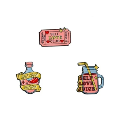 Image of 3PCs Self Love Brooch Pink Heart Enamel Pin Words Badge Inspiring Potion Bottle Fashion Jewelry for Women Girl Dress Bag Accessory