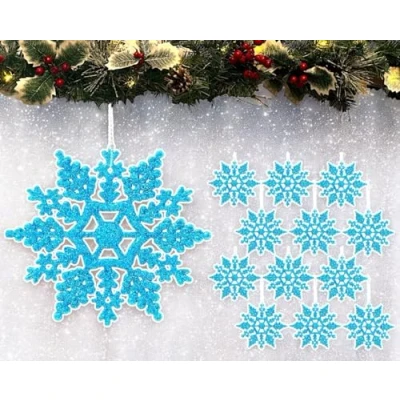 Image of 12pk Glitter Snowflake Hanging Decorations, Christmas Tree Baubles/Ornaments (Turquoise)
