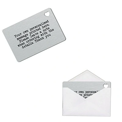 Image of Your Own Personalised Message Printed On Metal Wallet Card Keepsake Gift With Envelope (Brushed Silver Heart Cut Out)
