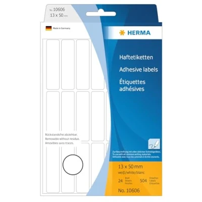Image of HERMA Removable Labels, 21 Labels per Sheet, 24 Sheets, 13 x 50 mm, 504 Self Adhesive Small Stickers, Blank Sticky Multi Purpose for Office Kitchen Home, White
