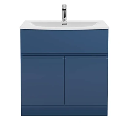 Image of Hudson Reed URB305G Urban Modern Bathroom Floor Standing 2 Soft Close Doors and 1 Drawer Vanity Unit with Round Ceramic Basin 30mm Profile, 800mm, Satin Blue