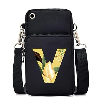 Image of FINDING CASE initial letter Printed Women Girls men Zipper Waterproof Nylon 3 Layers Crossbody Bags Wallet Cellphone Purse Shoulder Bag Wristlet Handbags Adjustable Strap (floral V)