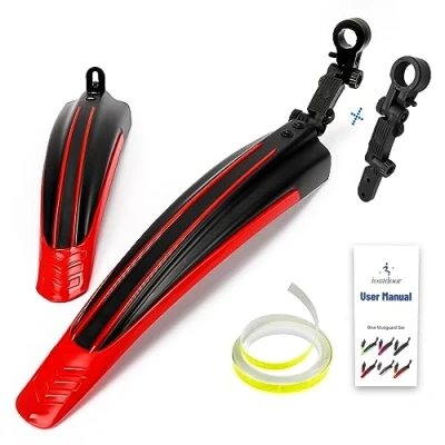 Image of ioutdoor Bike Mudguard Set with 27ft DIY Reflective Tape, Fenders Adjustable,Bicycle Front Rear Mud Guard Fits for 20&quot;,22&quot;,24&quot;,26&quot;,27&quot;,28&quot; MTB Mountain Road Cycling (Black Red)