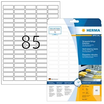 Image of HERMA Self Adhesive Film Labels, 85 Labels per A4 Sheet, 25 Sheets, 37 x 13 mm, 2125 Blank Weatherproof Stickers, Sticky for Laser &amp; Inkjet Printer, White