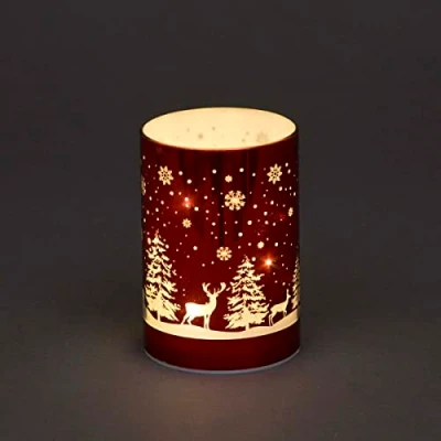 Image of SHATCHI 13cm Christmas Decorated Vase Table Lamp Etched Glass Tube Forest Scene Red Cylinder LED Fairy Lights Battery Operated