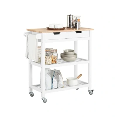 Image of SoBuy® FKW68 WN, Kitchen Storage Trolley Serving Shelf with Rubber Wood Top 2 Drawers Shelves