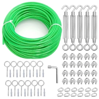 Image of hannger M6 Turnbuckles for Cables Wire 3/16&quot;, 100ft PVC Coated Steel Cable Heavy Duty Metal &amp; Rope Climbing Plant Support/Clothes Line/String Light Hanging Kit/Garden Fence/Plant Shade