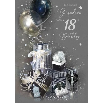 Image of Cherry Orchard Luxury Grandson 18th Birthday Card with Modern presents &amp; balloons design, Silver Foil Detailing and Envelope from