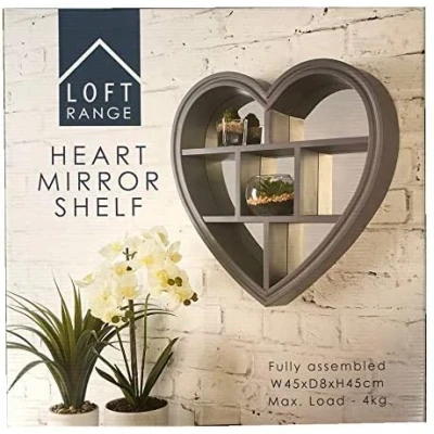 Image of Biznest Heart Shaped Mirror Shelf Wall Mounted Flosting Shelves Home Decor Grey 45x45cm