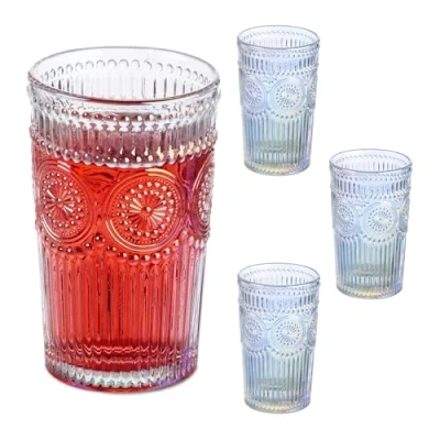 Image of Relaxdays 4X Drinking, Dishwasher Safe, 360ml Each, Vintage Glasses with Classic Pattern, Holo Effect, Clear, Steel, 35 x 30 13.5 cm