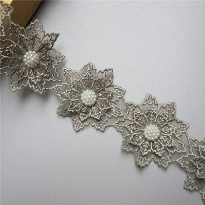 Image of 1 Yard Flower Pearl Lace Edge Trim Ribbon 6cm Width Vintage Style Edging Trimmings Fabric Embroidered Applique Sewing Craft Wedding Dress Embellishment DIY Cards Hats Clothes Embroidery (Grey)