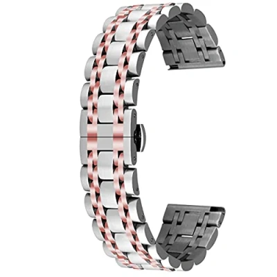 Image of Kai Tian 7 Row Stainless Steel Watch Strap 20mm 22mm Brushed Polished Straps for Men Women Quick Release Rejuvenated Silver/rose gold.