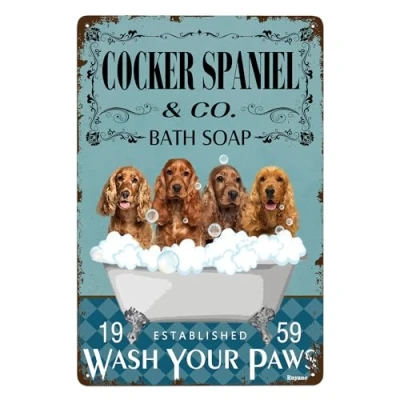 Image of Cocker Spaniel Bathroom Tin Signs Wash Your Paws Metal Sign Vintage Home Farmhouse Wall Decor Funny Art 8x12 Inches