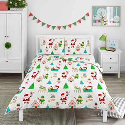 Image of Bloomsbury Mill Kids Christmas Bedding Double Duvet Set for Boys &amp; Girls Bed Childrens Winter Xmas Cover and x 2 Pillow Case 200x200cm White