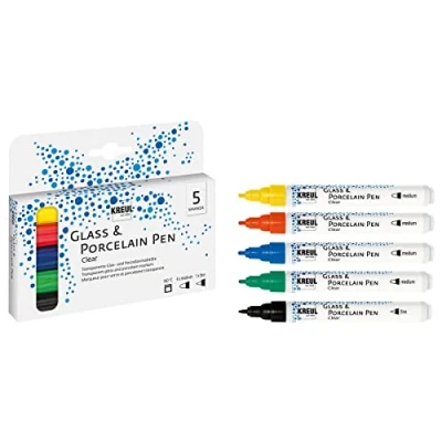 Image of KREUL 42650 Glass &amp; Porcelain Pen Set Clear 4 Pens in Yellow, Red, Blue, Green and Black Contour Pen, Line Width Approx. 2 mm, Transparent Water Based Paint