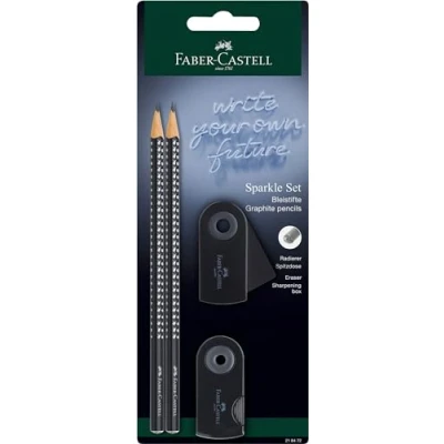 Image of Faber Castell 218472 Sparkle Pencil Set with Sharpener, Eraser and 2 Pencils, Writing Sleeve in Black