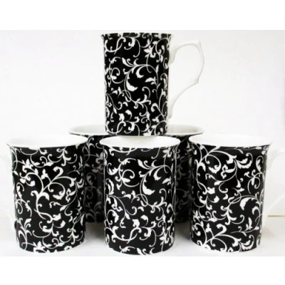 Image of fromeuropewithlove Venetian Black Mugs Set of 6 Fine Bone China Cups Hand Decorated in UK