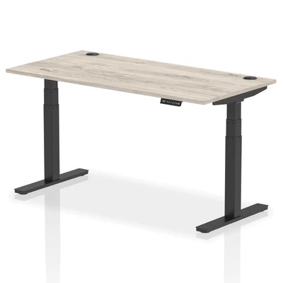 Image of Air 1600x800mm Height Adjustable Desk Grey Oak Cable Ports Black Leg