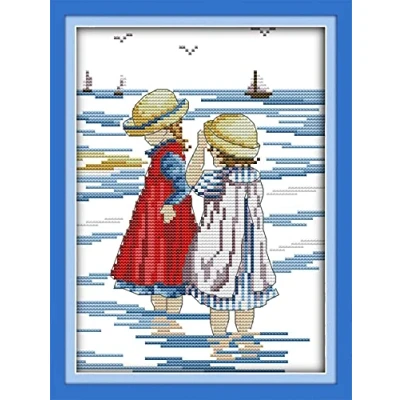 Image of Cross Stitch Kits Stamped, OWN4B Sisters on The Beach Printed Pattern 11CT 9.4x13.8 inch DIY Embroidery Kit (Sisters)